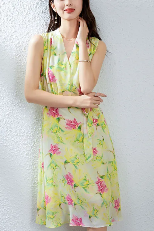 Silk Floral Midi Dress with Belted Waist and V-Neck