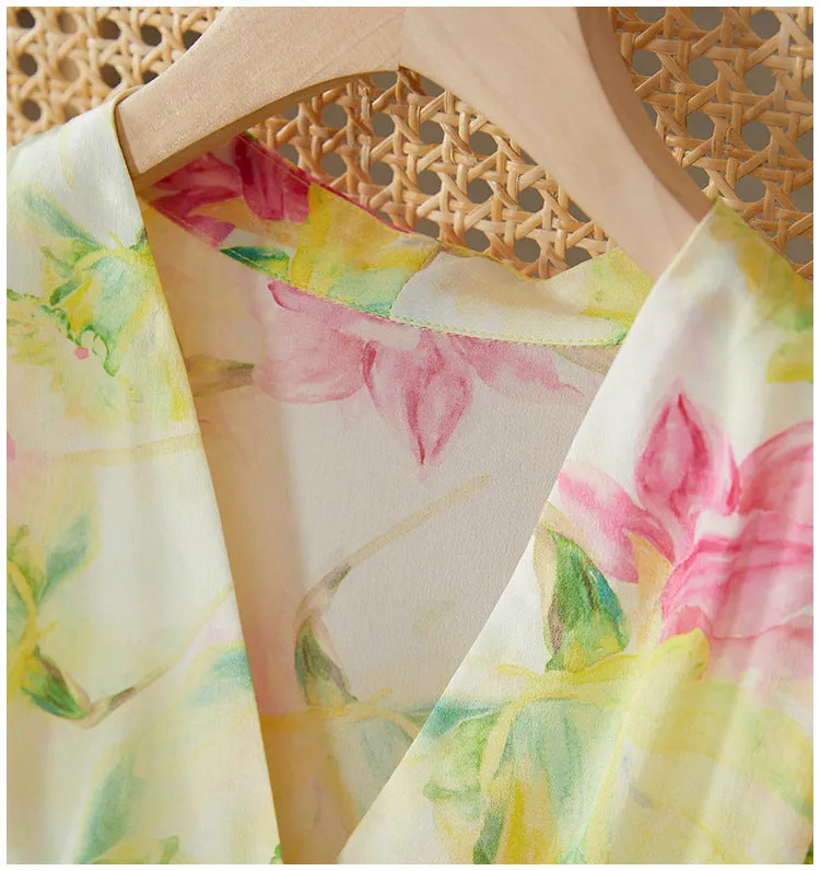 Silk Floral Midi Dress with Belted Waist and V-Neck