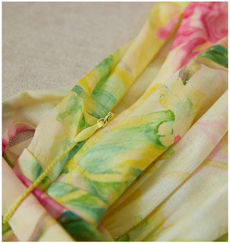 Silk Floral Midi Dress with Belted Waist and V-Neck