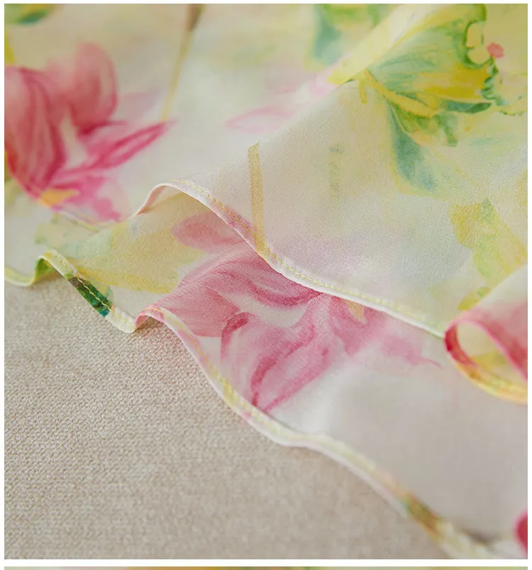 Silk Floral Midi Dress with Belted Waist and V-Neck