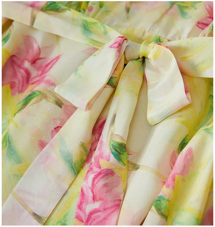 Silk Floral Midi Dress with Belted Waist and V-Neck