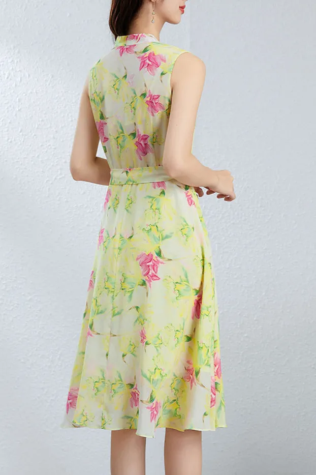 Silk Floral Midi Dress with Belted Waist and V-Neck