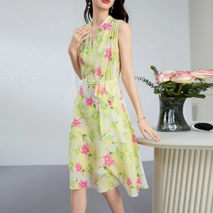 Silk Floral Midi Dress with Belted Waist and V-Neck