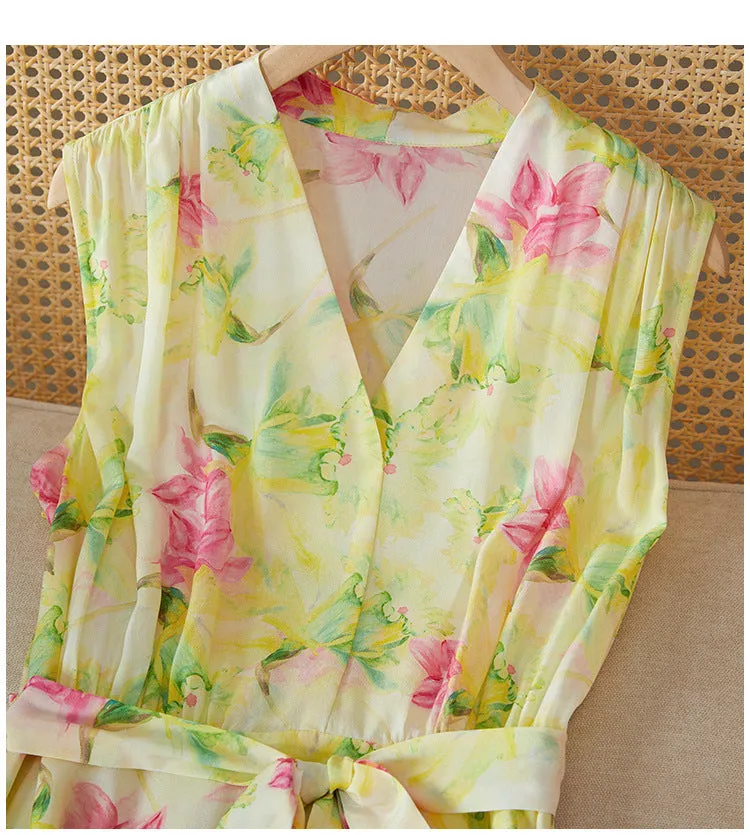 Silk Floral Midi Dress with Belted Waist and V-Neck