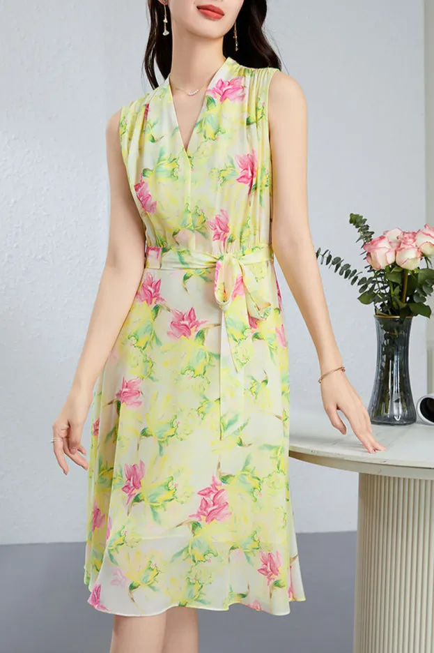 Silk Floral Midi Dress with Belted Waist and V-Neck