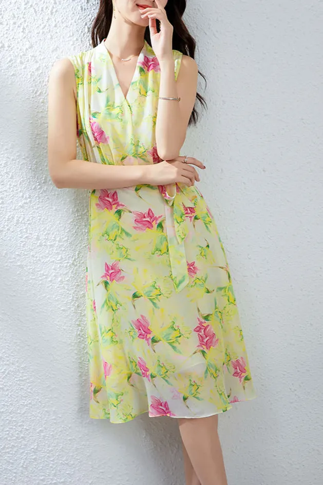 Silk Floral Midi Dress with Belted Waist and V-Neck