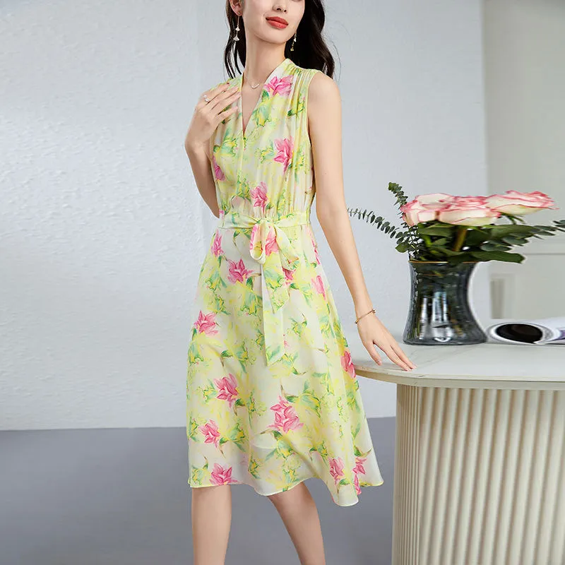 Silk Floral Midi Dress with Belted Waist and V-Neck