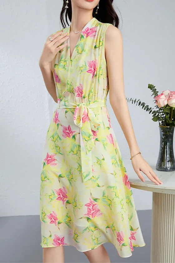 Silk Floral Midi Dress with Belted Waist and V-Neck