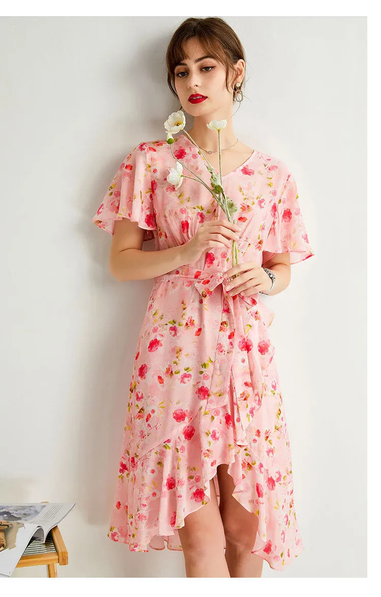 Silk Floral Midi Dress with Ruffle Hem and Tie Waist