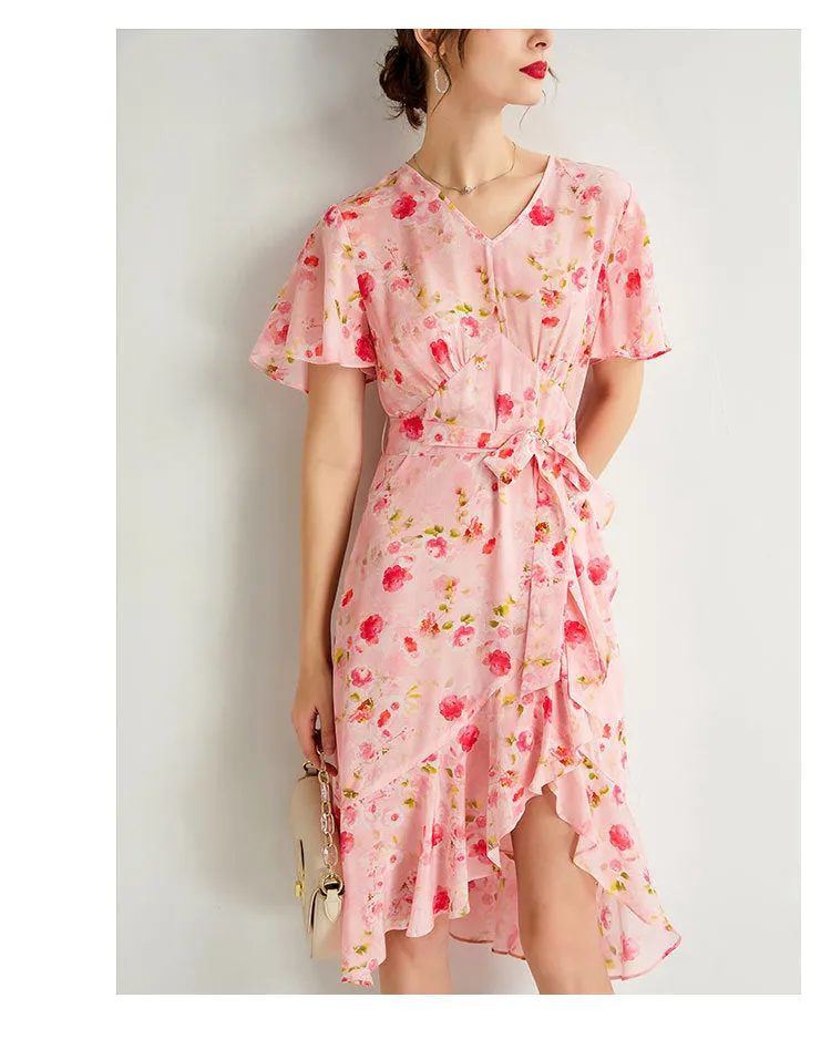 Silk Floral Midi Dress with Ruffle Hem and Tie Waist