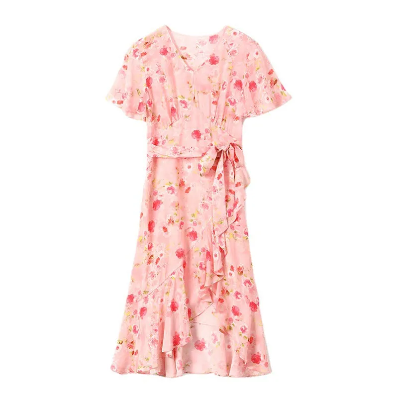 Silk Floral Midi Dress with Ruffle Hem and Tie Waist