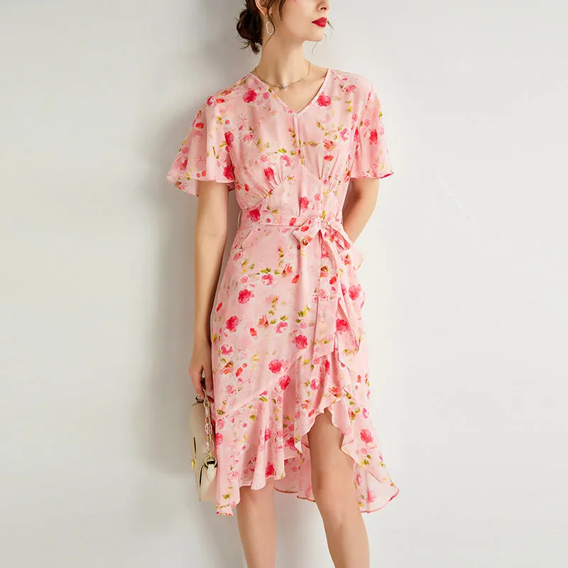 Silk Floral Midi Dress with Ruffle Hem and Tie Waist