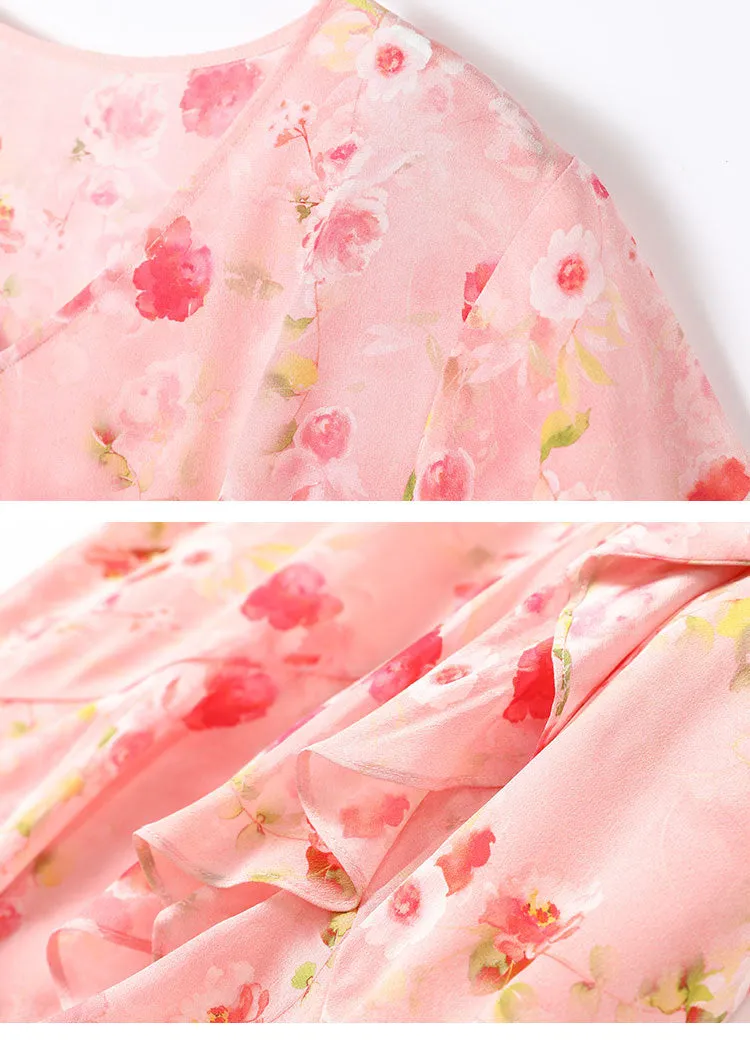 Silk Floral Midi Dress with Ruffle Hem and Tie Waist