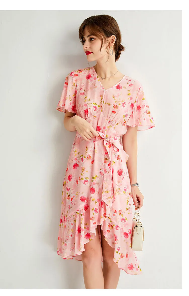 Silk Floral Midi Dress with Ruffle Hem and Tie Waist