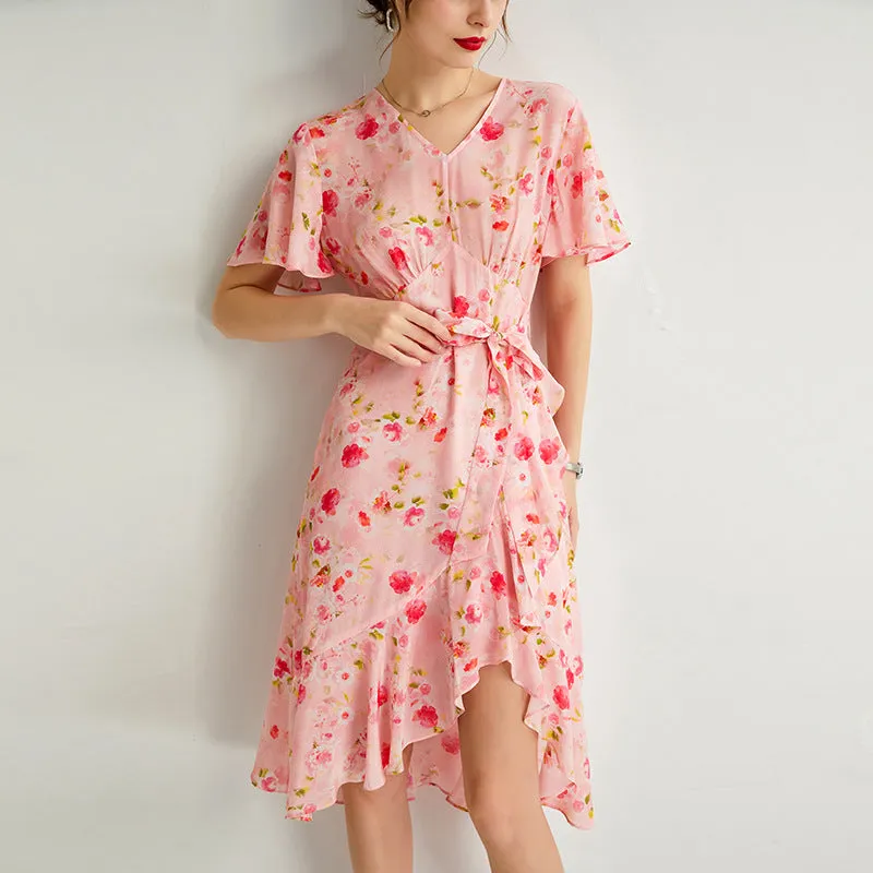 Silk Floral Midi Dress with Ruffle Hem and Tie Waist