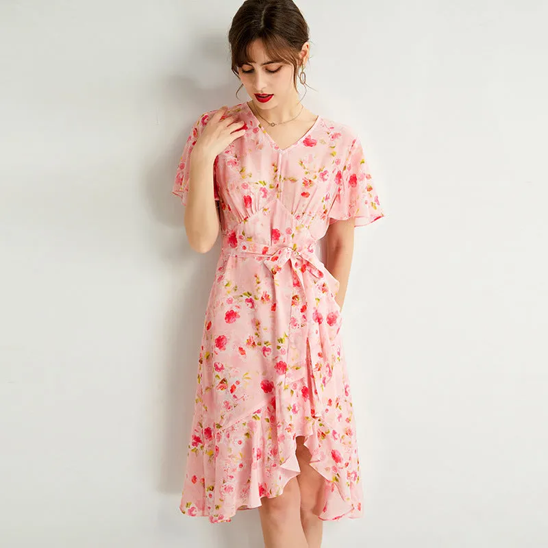 Silk Floral Midi Dress with Ruffle Hem and Tie Waist