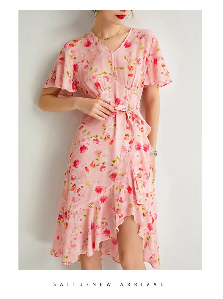 Silk Floral Midi Dress with Ruffle Hem and Tie Waist