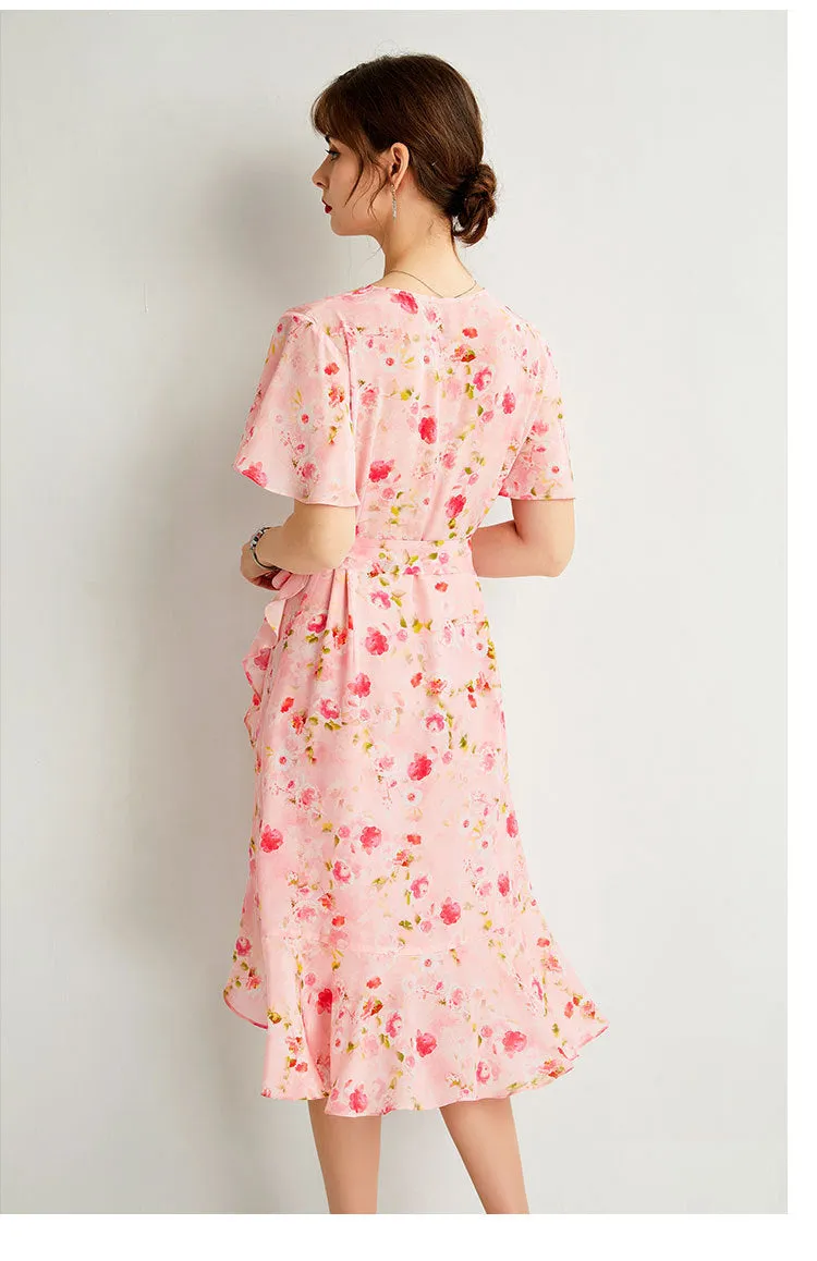 Silk Floral Midi Dress with Ruffle Hem and Tie Waist