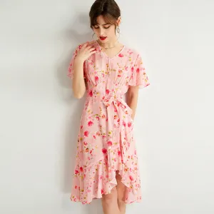 Silk Floral Midi Dress with Ruffle Hem and Tie Waist