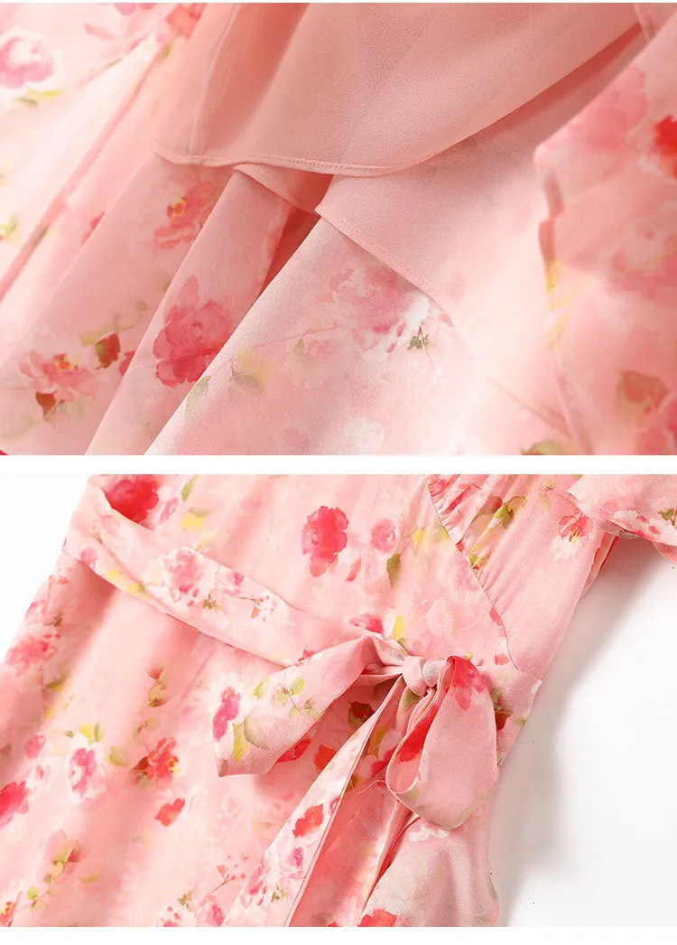 Silk Floral Midi Dress with Ruffle Hem and Tie Waist