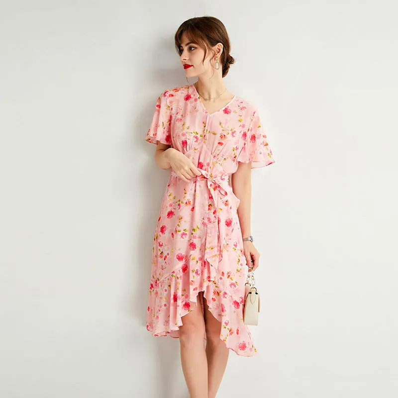 Silk Floral Midi Dress with Ruffle Hem and Tie Waist