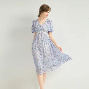 Silk Floral Midi Dress with Shirring and Puff Sleeves