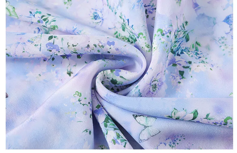 Silk Floral Midi Dress with Shirring and Puff Sleeves