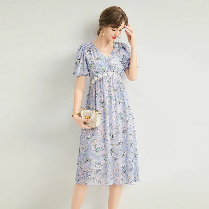 Silk Floral Midi Dress with Shirring and Puff Sleeves