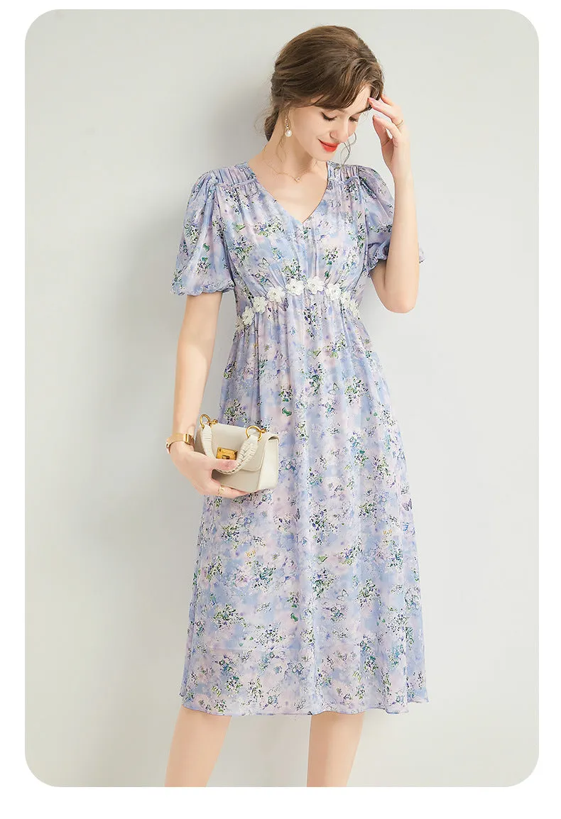 Silk Floral Midi Dress with Shirring and Puff Sleeves