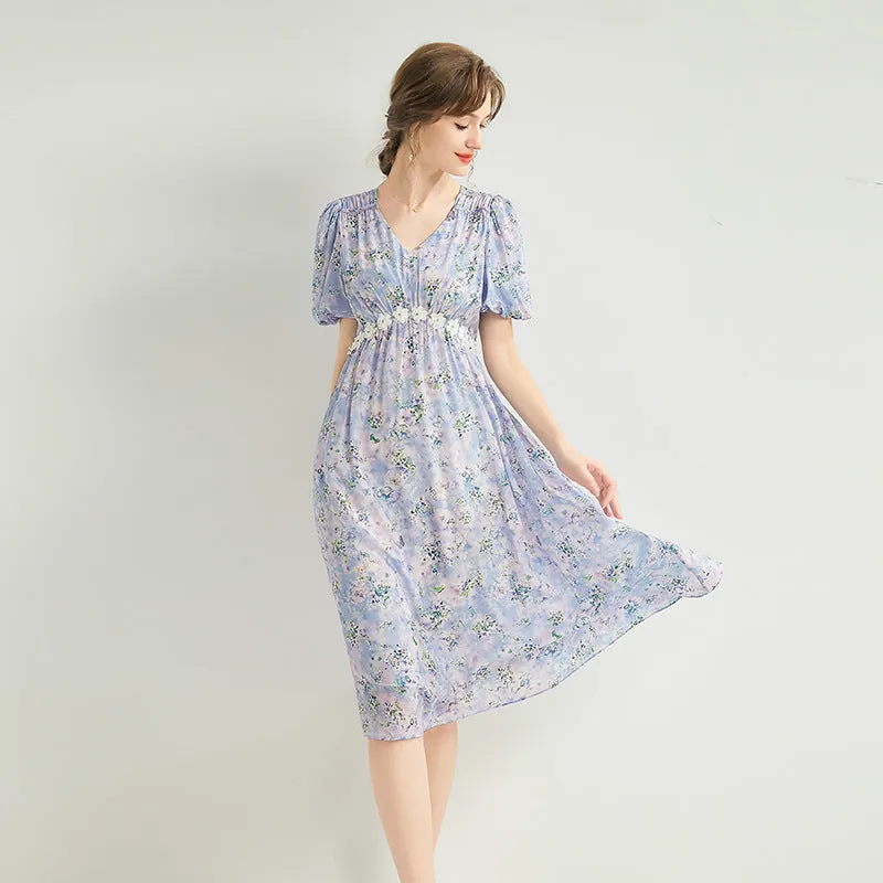 Silk Floral Midi Dress with Shirring and Puff Sleeves