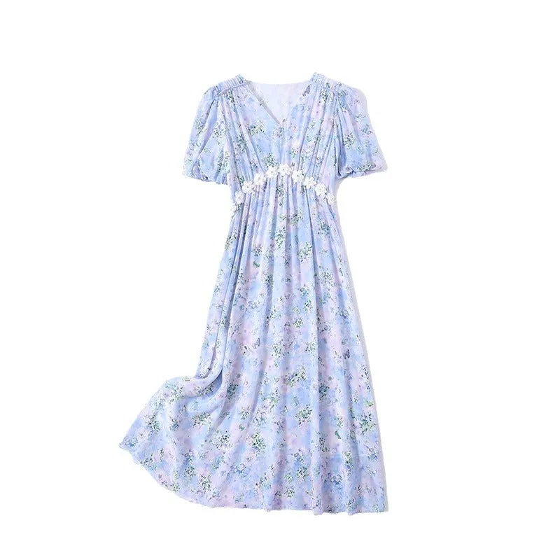 Silk Floral Midi Dress with Shirring and Puff Sleeves