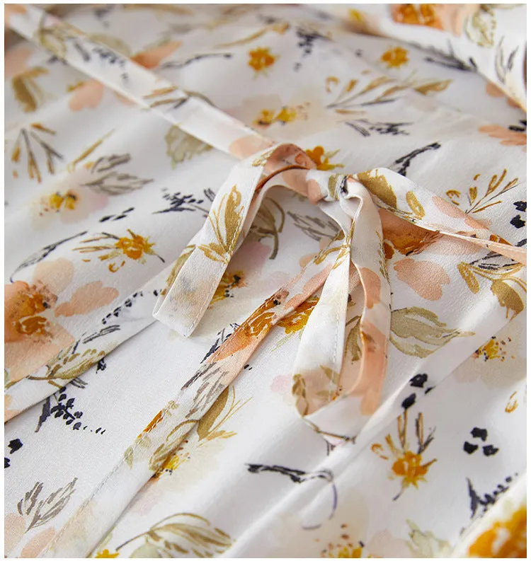 Silk Floral Midi Dress with V-Neck and Tie Waist