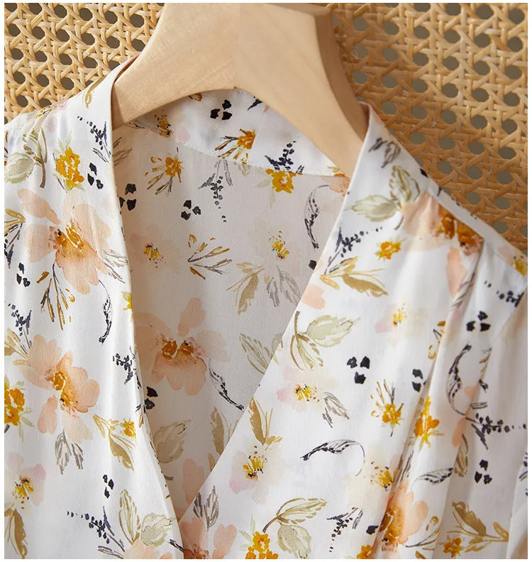 Silk Floral Midi Dress with V-Neck and Tie Waist