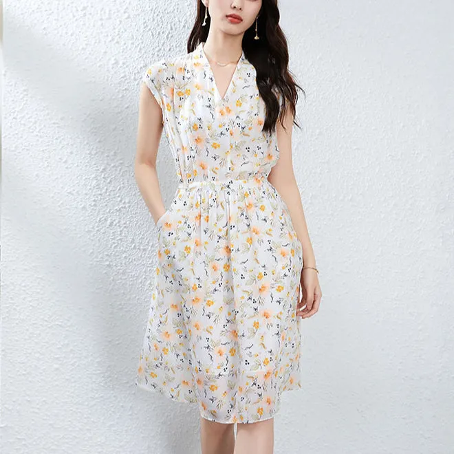 Silk Floral Midi Dress with V-Neck and Tie Waist