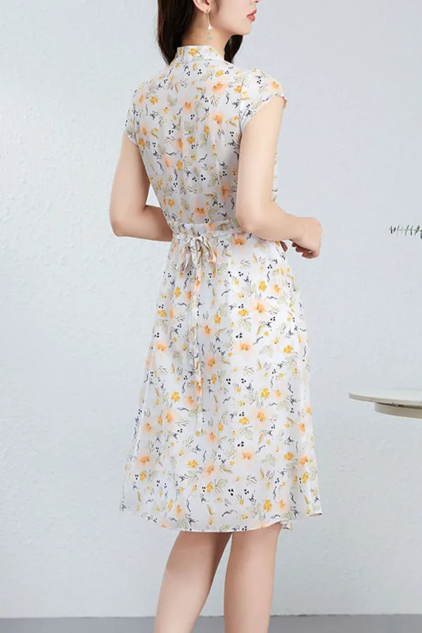 Silk Floral Midi Dress with V-Neck and Tie Waist