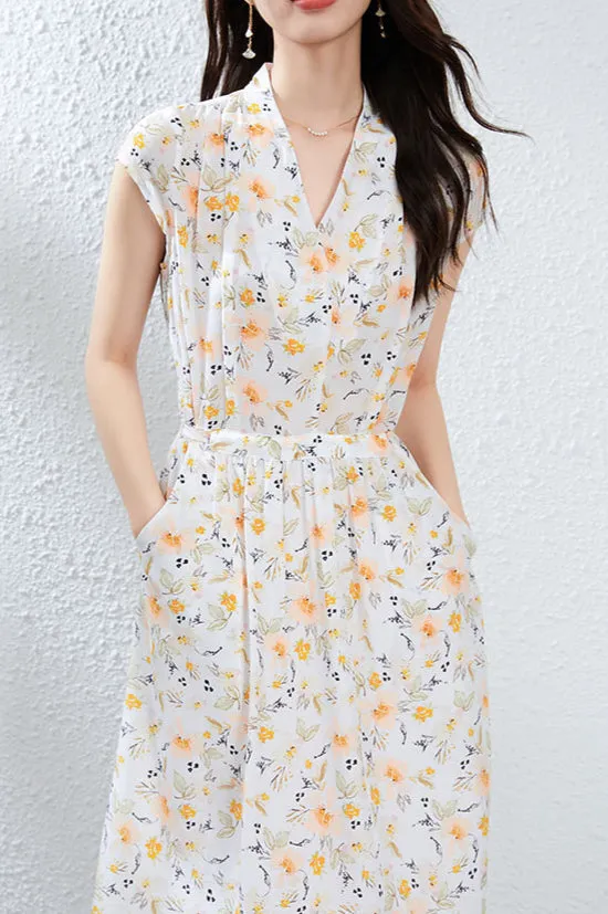 Silk Floral Midi Dress with V-Neck and Tie Waist