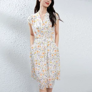 Silk Floral Midi Dress with V-Neck and Tie Waist