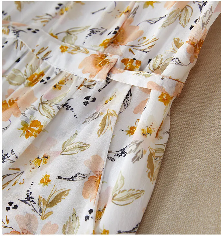 Silk Floral Midi Dress with V-Neck and Tie Waist