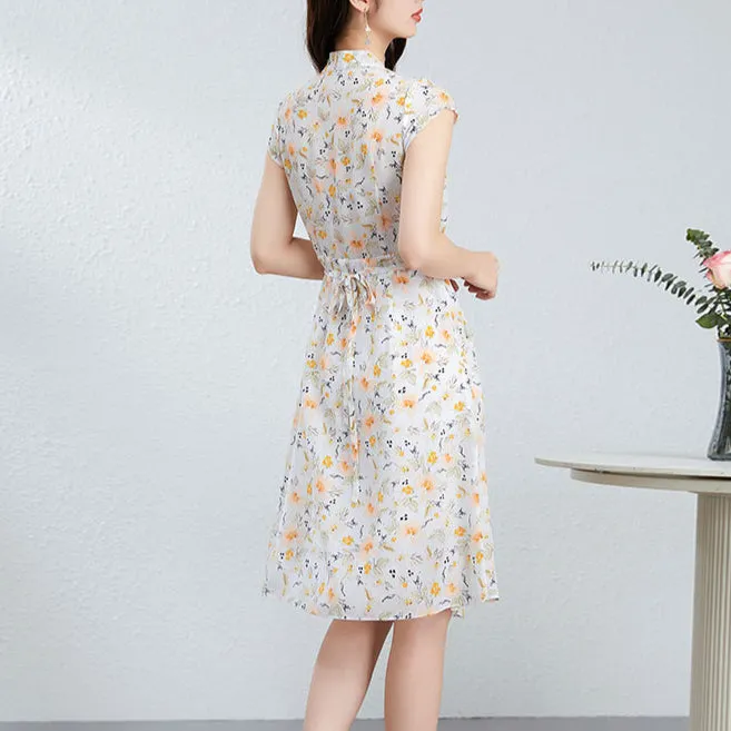 Silk Floral Midi Dress with V-Neck and Tie Waist
