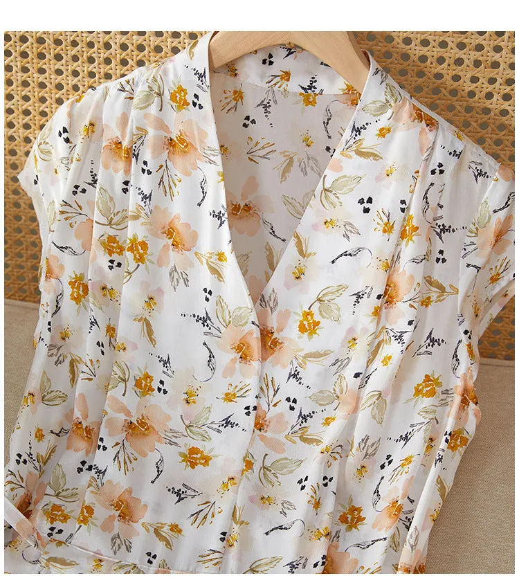 Silk Floral Midi Dress with V-Neck and Tie Waist