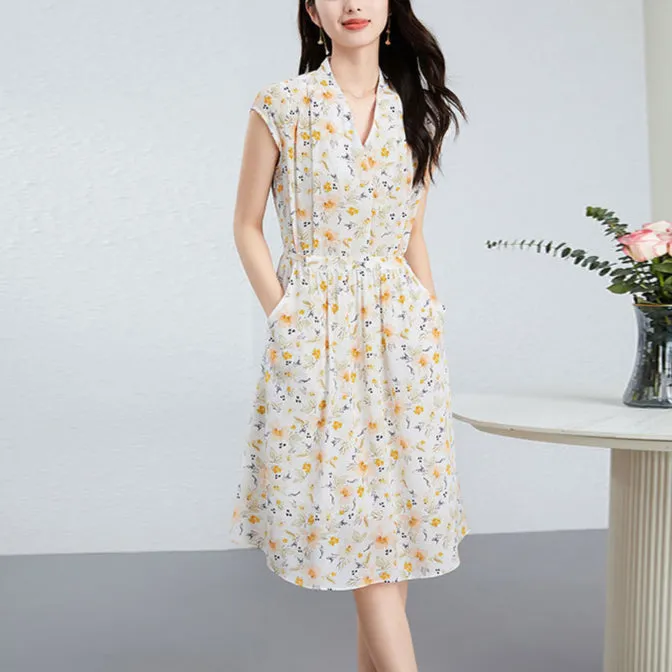 Silk Floral Midi Dress with V-Neck and Tie Waist