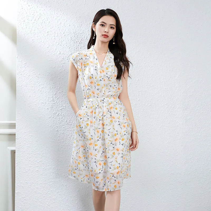 Silk Floral Midi Dress with V-Neck and Tie Waist