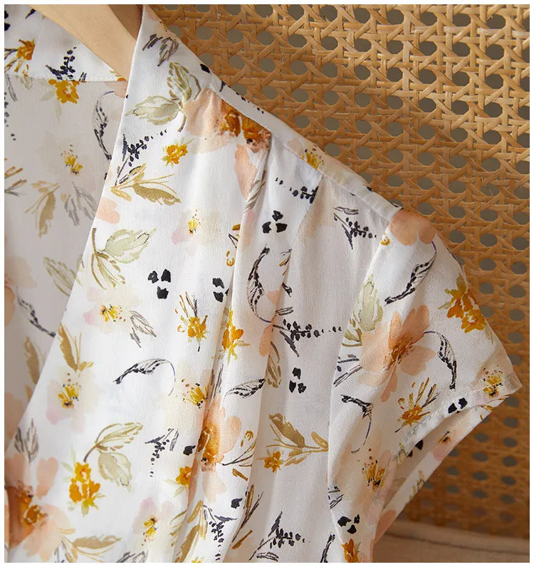 Silk Floral Midi Dress with V-Neck and Tie Waist