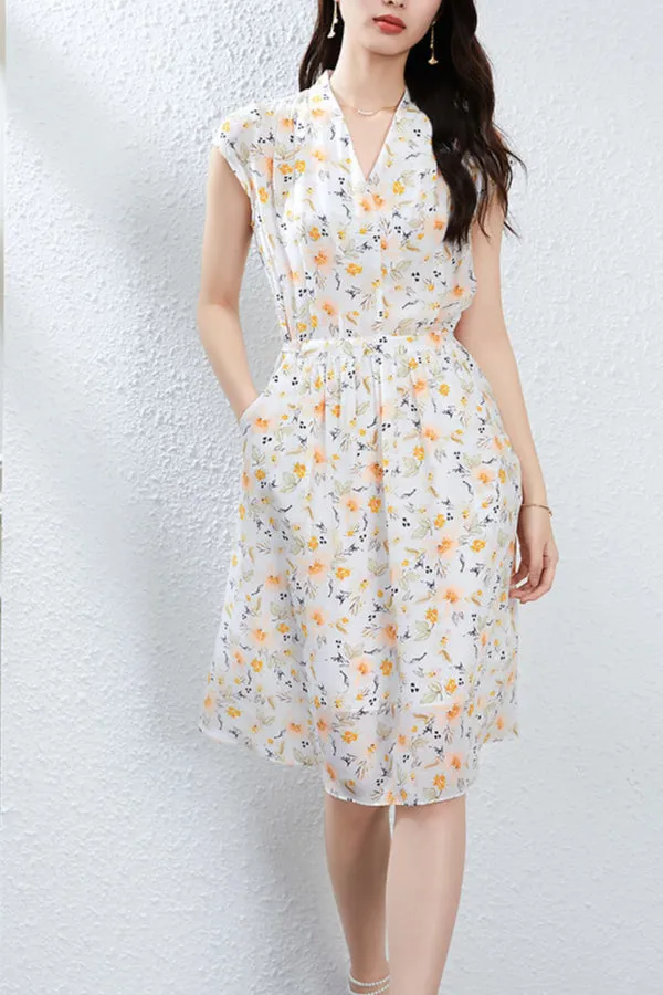 Silk Floral Midi Dress with V-Neck and Tie Waist