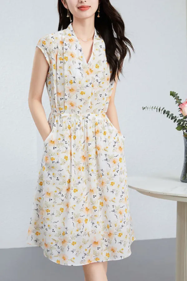 Silk Floral Midi Dress with V-Neck and Tie Waist
