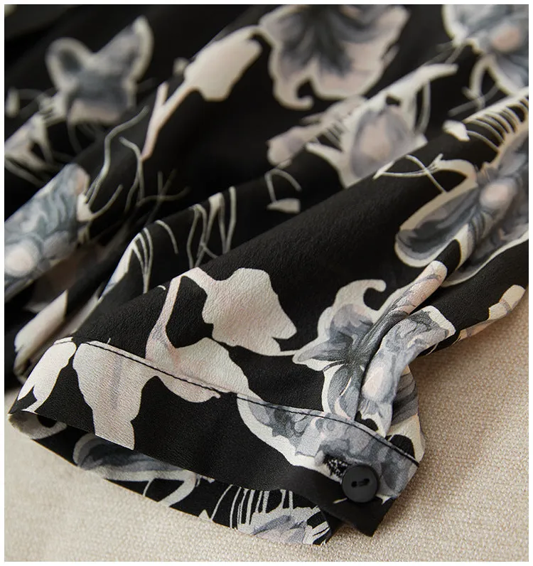 Silk Floral Shirt Dress with Mandarin Collar and Belted Waist