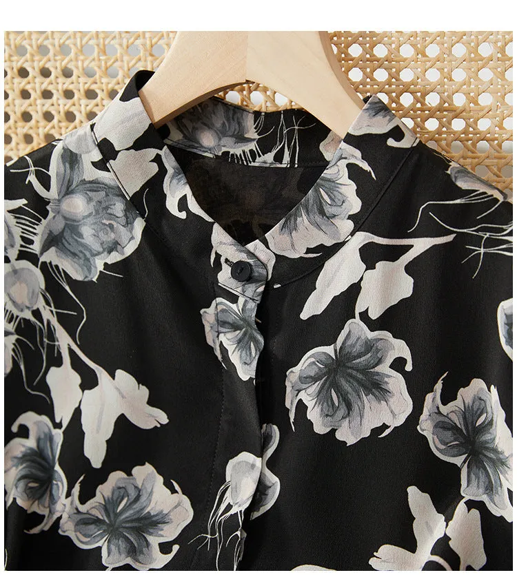 Silk Floral Shirt Dress with Mandarin Collar and Belted Waist