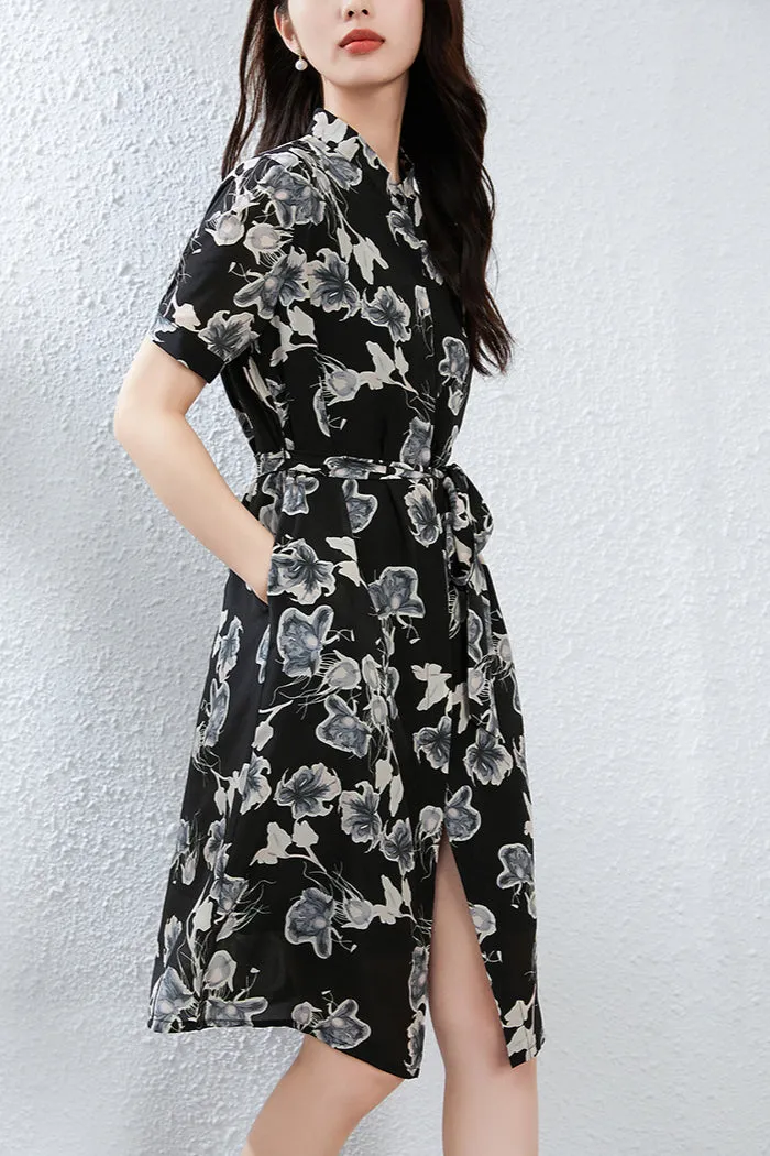 Silk Floral Shirt Dress with Mandarin Collar and Belted Waist