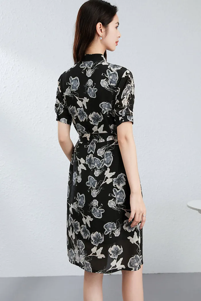 Silk Floral Shirt Dress with Mandarin Collar and Belted Waist