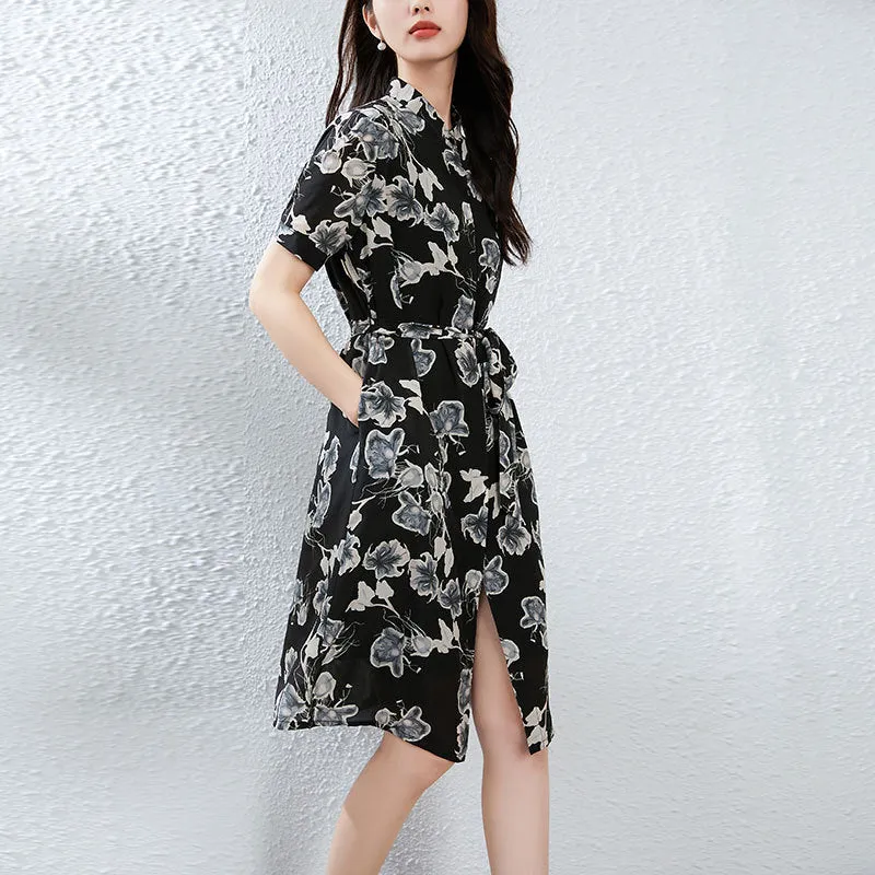 Silk Floral Shirt Dress with Mandarin Collar and Belted Waist